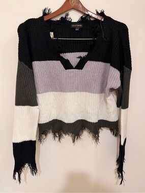 Ambiance Distressed Striped V-Neck Sweater - Black, Gray, White Size S